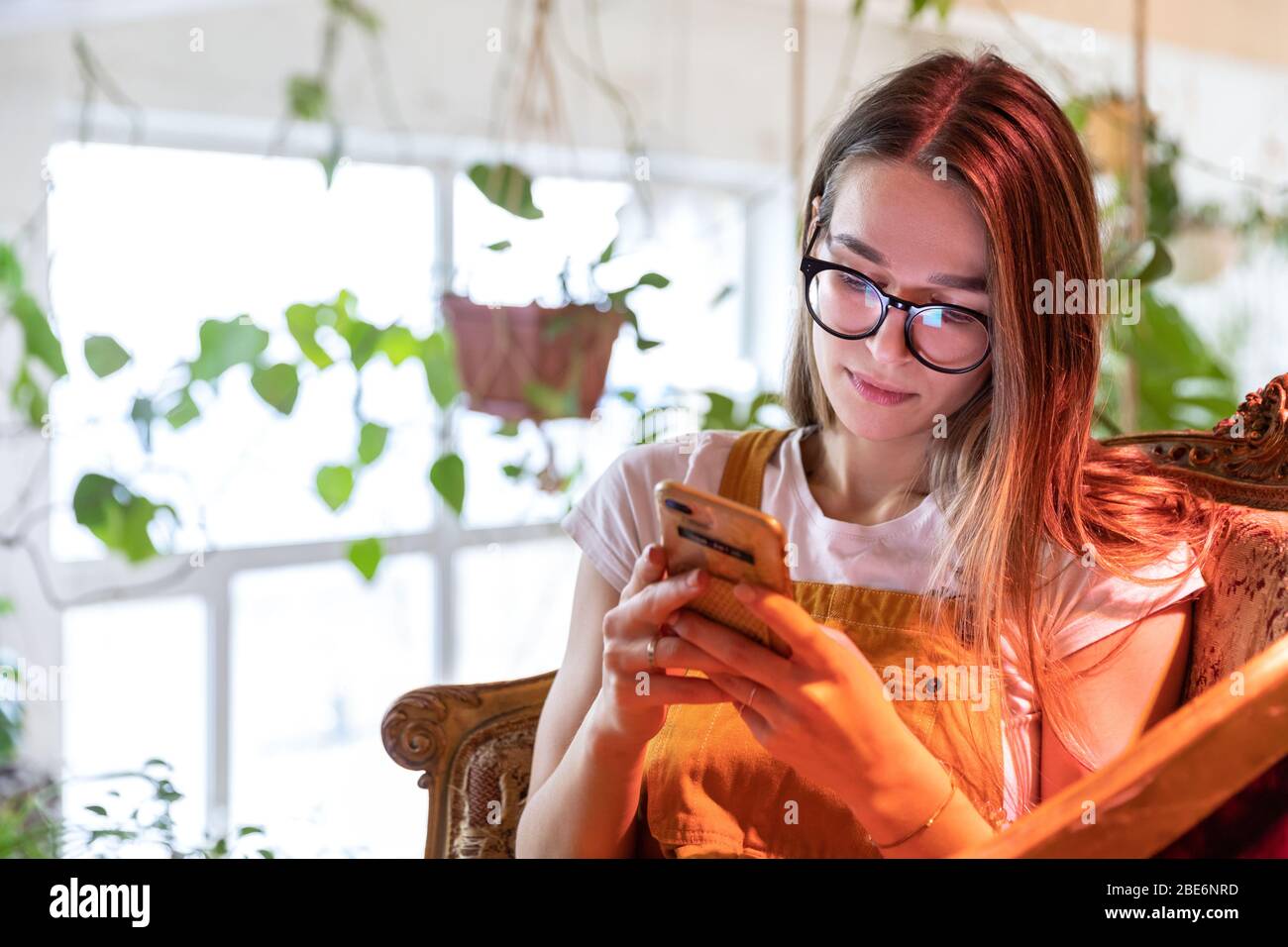 Junge Gärtnerin in Gläsern trägt Overalls, sitzt auf Vintage-Stuhl im Gewächshaus und mit Smartphone, Eingabe Nachricht, selektive Fokussierung. Werk Stockfoto