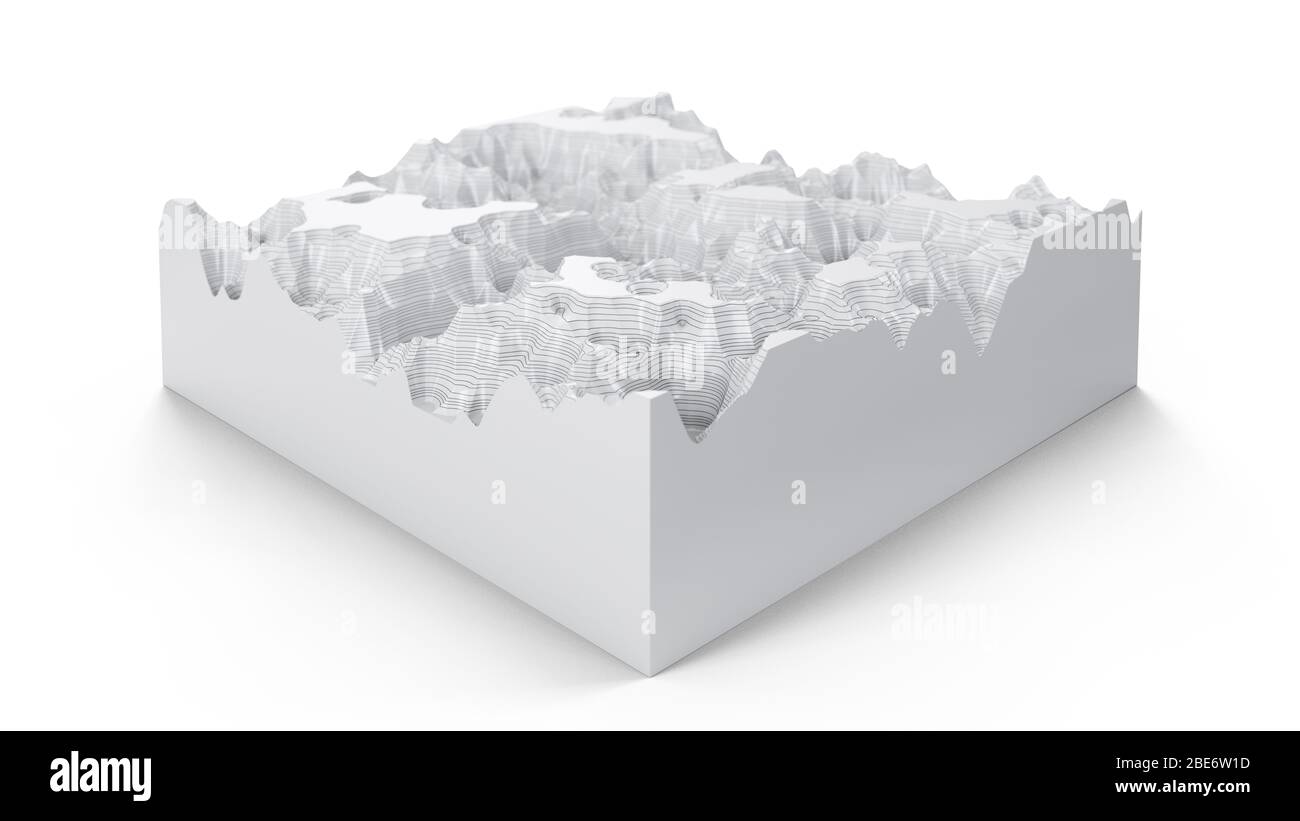 Topografische Schnittdarstellung dreidimensionaler Plan. Konturlinien auf einer topografischen Karte. Studium der Geographie der Gegend: Hügel, Berge und Ebenen Stockfoto