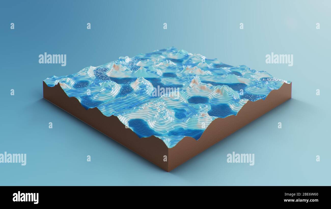 Querschnitt topografische 3D-Karte mit Wasser. Konturlinien auf einer topografischen Karte. Studium der Geographie der Gegend: Hügel, Berge und Ebenen Stockfoto