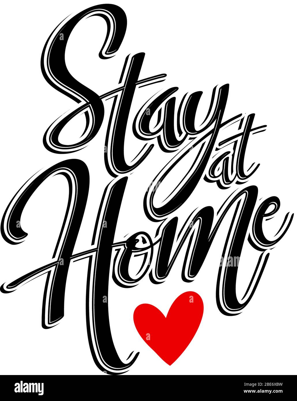 Stay at Home Zitat in schwarz mit rotem Herz. Isoliert auf weißem Hintergrund. Soziale Distanzierungskampagne während der vierzeiligen Coronavirus-Pandemie Stock Vektor
