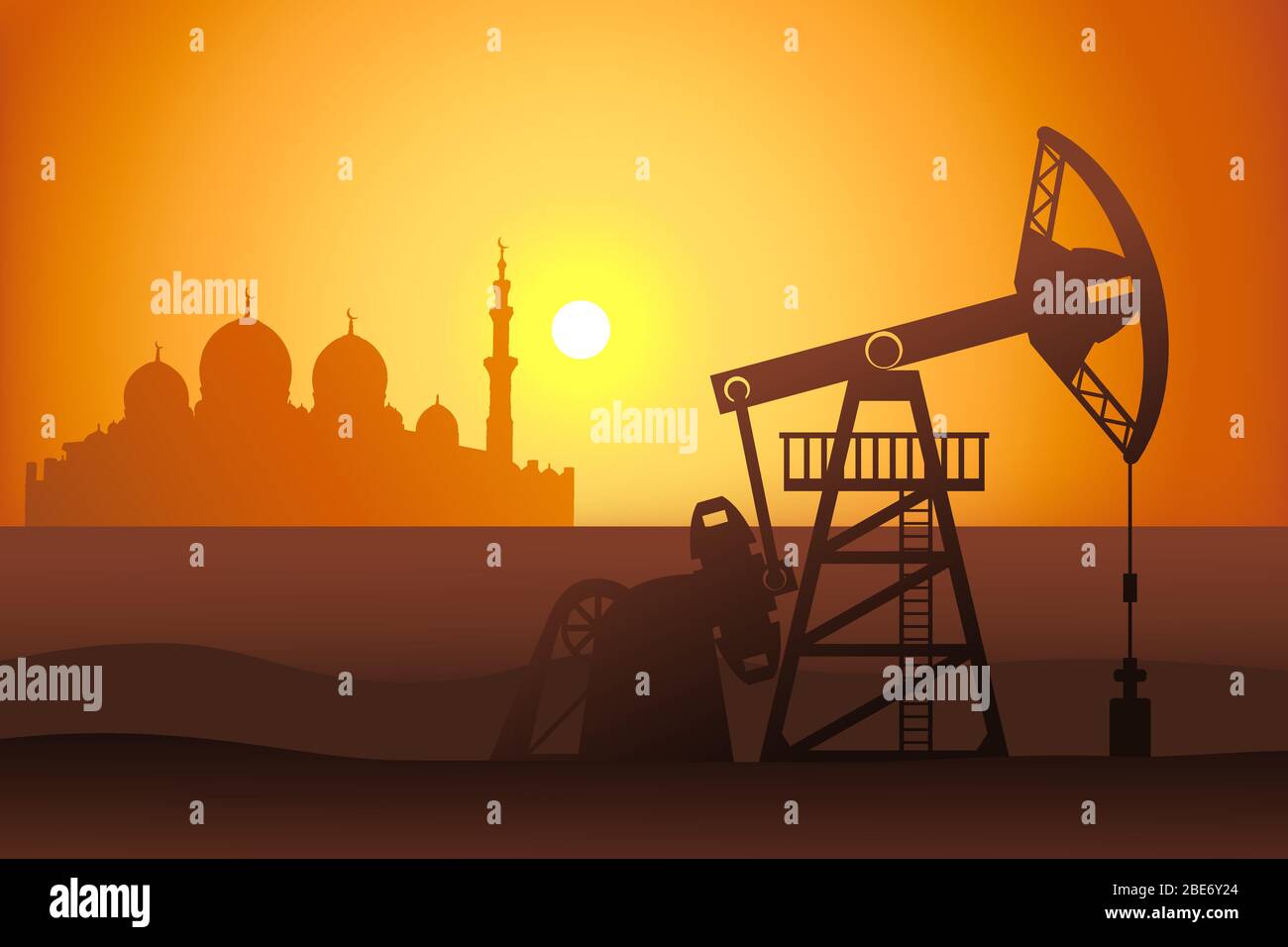 Petroleum Pumpjack und Moschee Silhouette Vektor-Illustration. Ölbrunnen in der arabischen Wüste. Stock Vektor