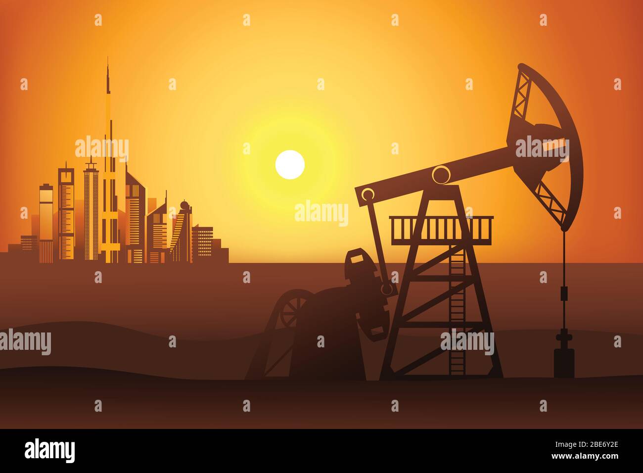 Ölbrunnen bei Sonnenuntergang in der Wüste auf der Dubai Stadt Hintergrund Vektor-Illustration. Petroleum Pumpjack Silhouette. Stock Vektor