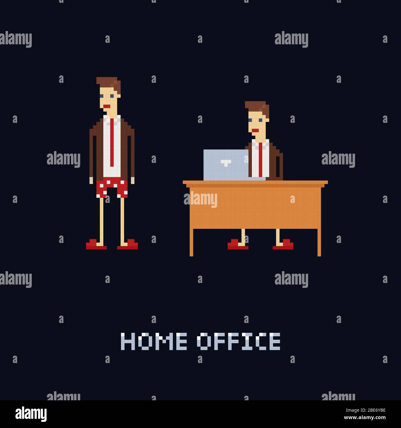 Vektor Pixel Art Charakter - junge männliche Arbeiter zu Hause, wering Büro Anzug und Krawatte mit Unterhosen und Pantoffeln. Isolation, freiberufliche Arbeit. Cartoon 8 Stock Vektor