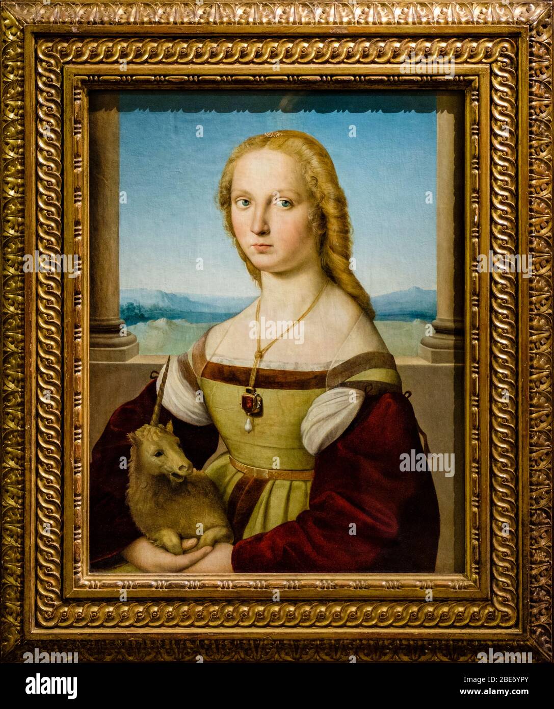 Einhorndame, Porträt einer jungen Frau mit Einhorn, Renaissance-Gemälde von Rafaello Sanzio da Urbino (Raphael), Galleria Borghese, Rom, Italien. Stockfoto