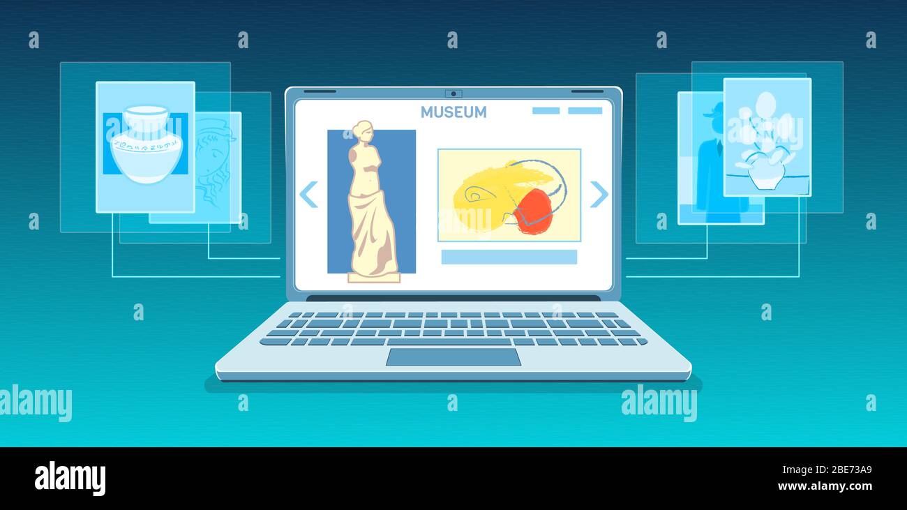 Online-Banner für Kunstgalerien. Virtuelles Museum in modernem Laptop auf technischem Hintergrund. Online-Ausstellung Touren, Internet-Technologie. Freizeit zu Hause auf mobilen Geräten. Web Tourismus Vektor Konzept. Stock Vektor