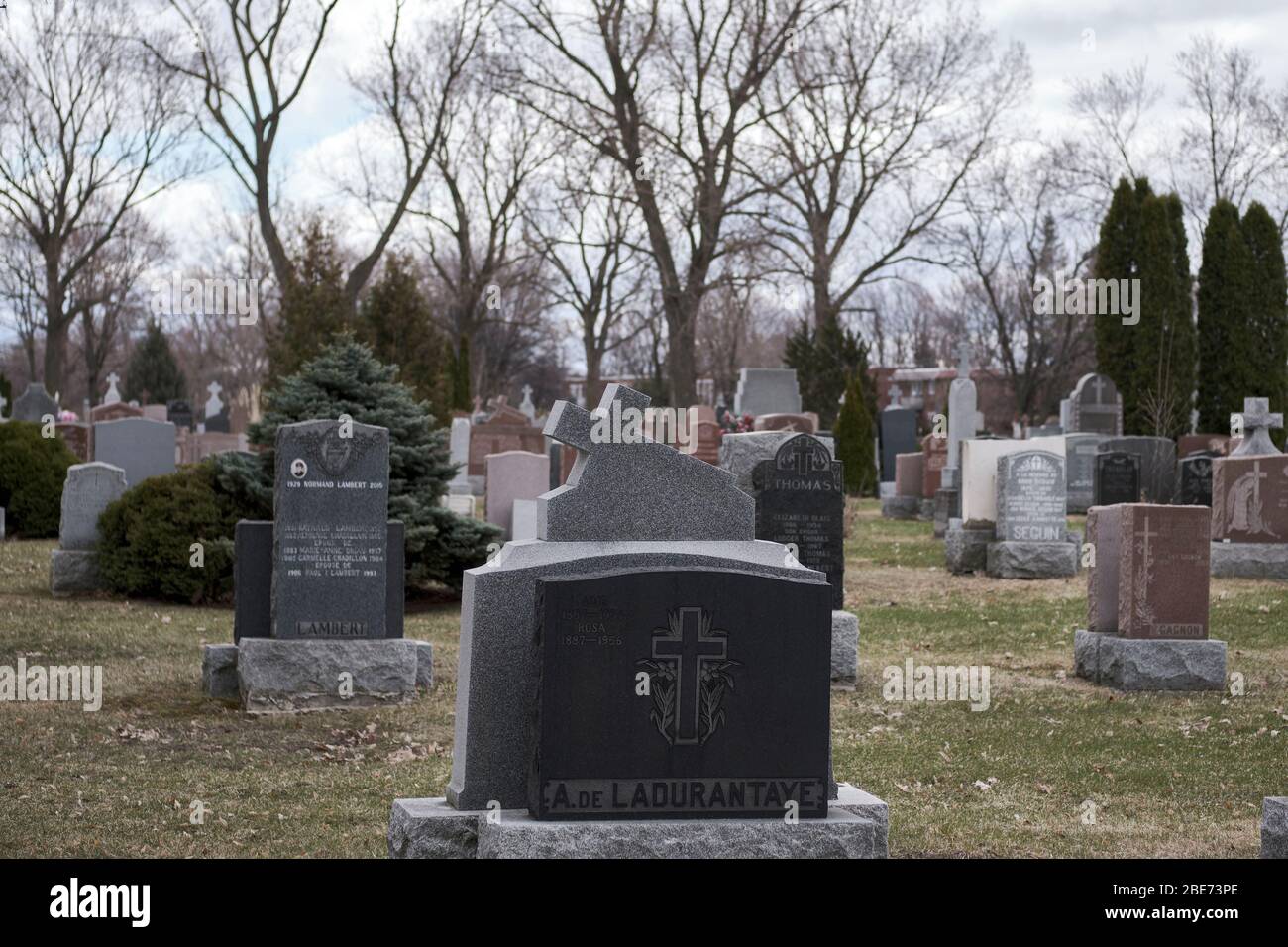 Globale Ansicht der Grabsteine auf dem Friedhof von Montreal im frühen Frühjahr an einem grauen Tag Stockfoto