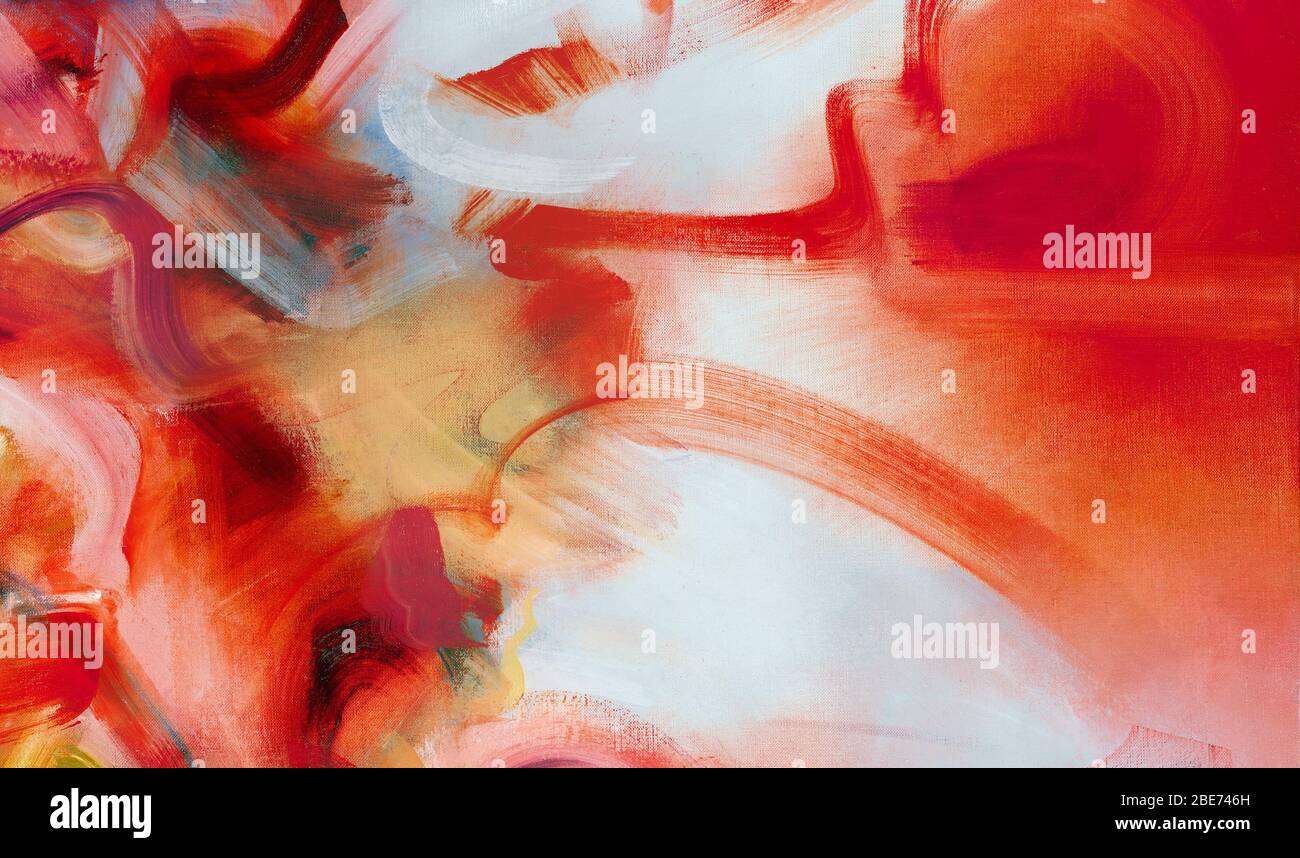Details aus einem mega-kommissionskunstwerk, ätherische Gesturenabstraktion in Rot, Weiß und Ocker. Panorama und energiegeladen, ideal für die Musikindustrie Stockfoto