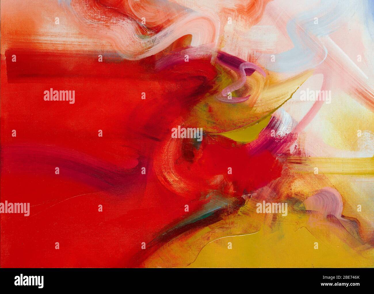 Details aus einem mega-kommissionskunstwerk, ätherische Gesturenabstraktion in Rot, Weiß und Ocker. Panorama und energiegeladen, ideal für die Musikindustrie Stockfoto