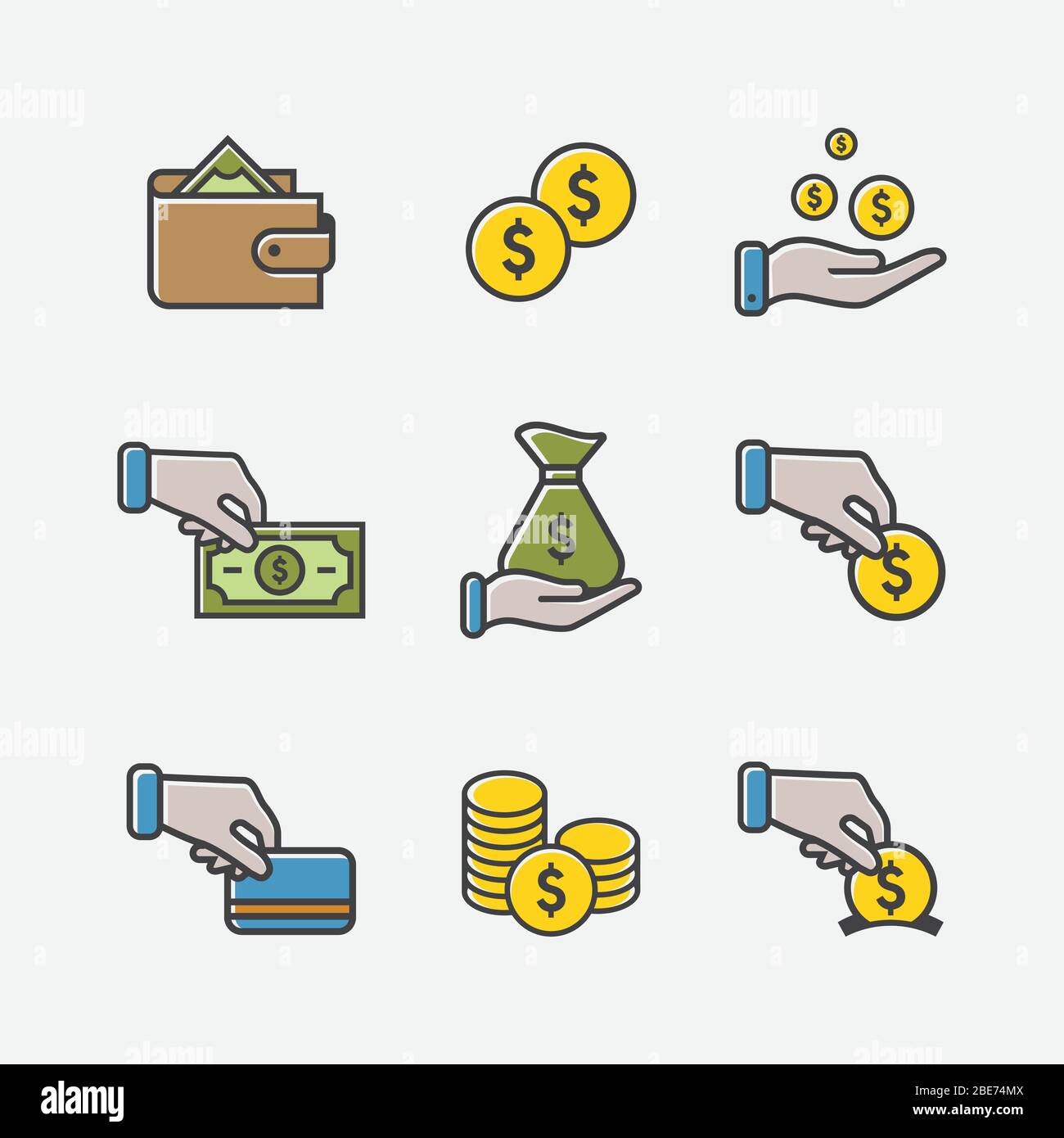 Trendy flaches Icon Pack für Designer und Entwickler. Symbole für Geld, Investitionen, Finanzen, Banken, Versicherungen, Finanzierung und Zahlung, für Websites und mobile Websites und Apps. Stock Vektor