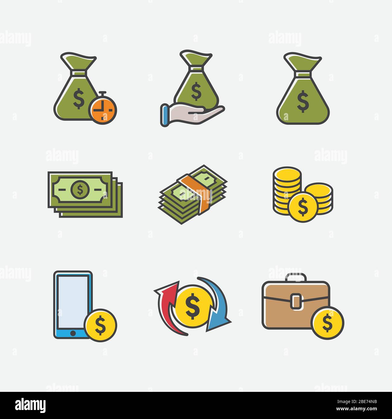 Trendy flaches Icon Pack für Designer und Entwickler. Symbole für Geld, Investitionen, Finanzen, Banken, Versicherungen, Finanzierung und Zahlung, für Websites und mobile Websites und Apps. Stock Vektor