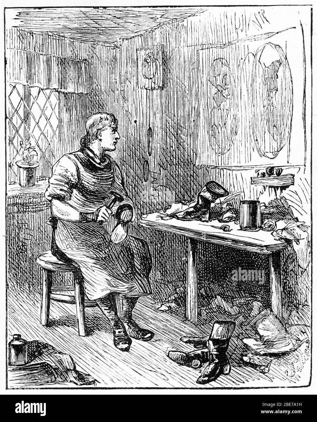 Eingraviertes Porträt eines Schusters bei der Arbeit in seiner Werkstatt, der Schuhe macht Stockfoto