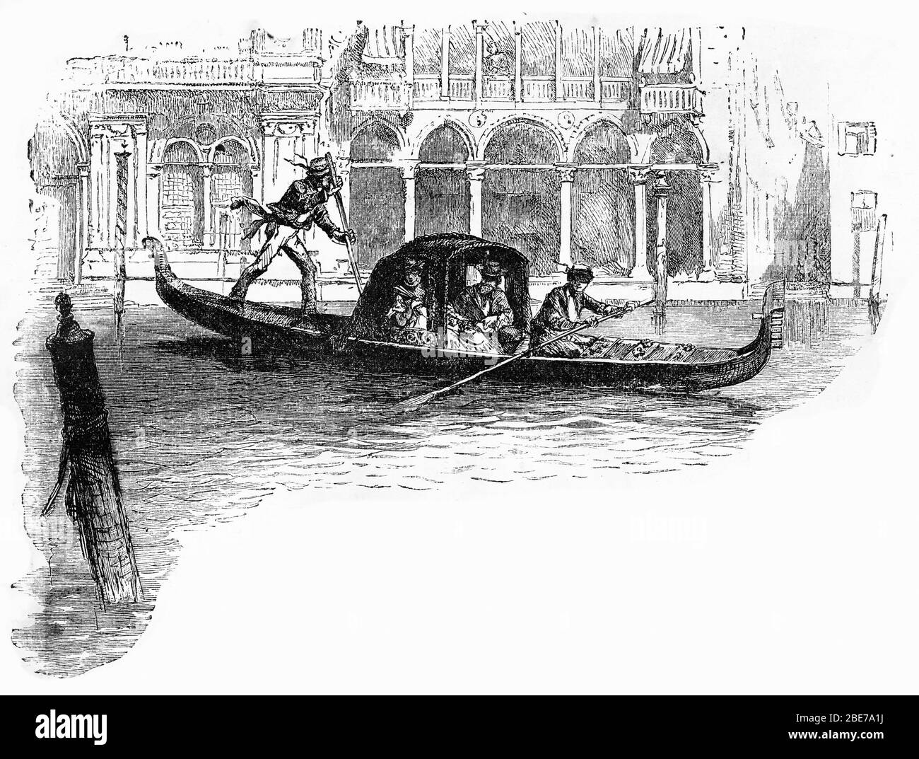Gravur eines Gondoliers, der sich durch die Kanäle Venedigs zieht Stockfoto