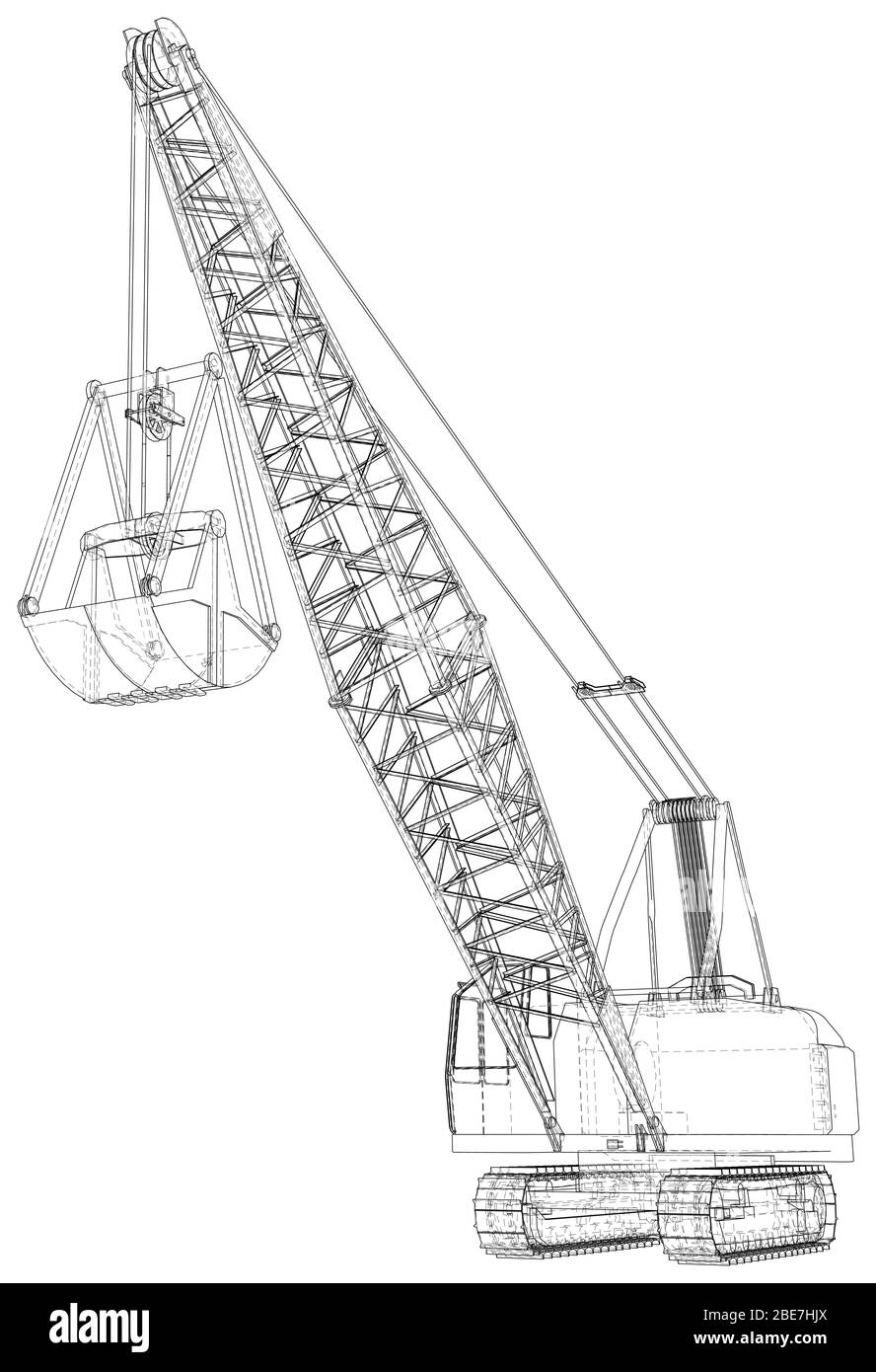 Bergbaumaschine. Die Maschine der Steinbruchbergbauarbeiten. Die Ebenen der sichtbaren und unsichtbaren Linien werden getrennt. Umriss des Drahtrahmens. Stock Vektor