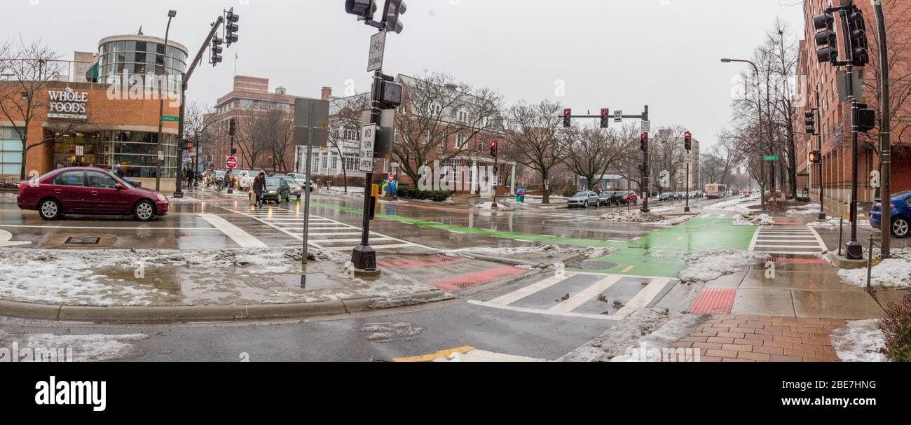 Snowy Day Downtown Evanston Illinois Stockfoto