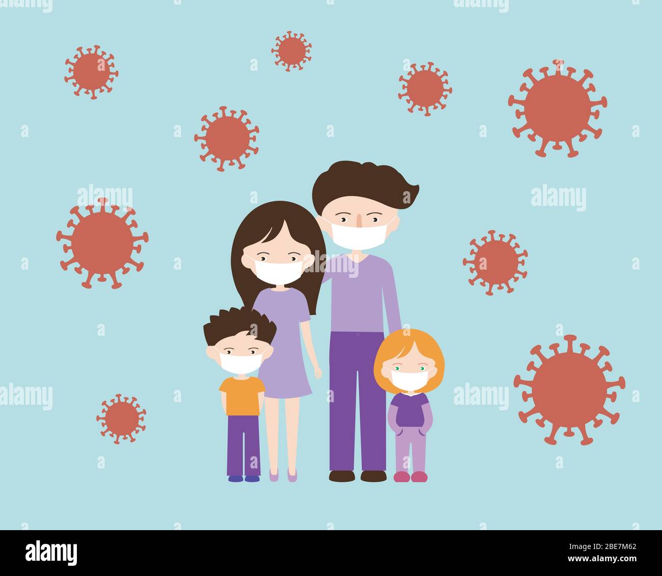 Einfache Cartoon flache Design-Illustration der Familie mit Papa, Mama und zwei Kinder. Trägt Gesichtsmasken aufgrund von Coronavirus Covid-19 Pandemie - Vektor Stock Vektor
