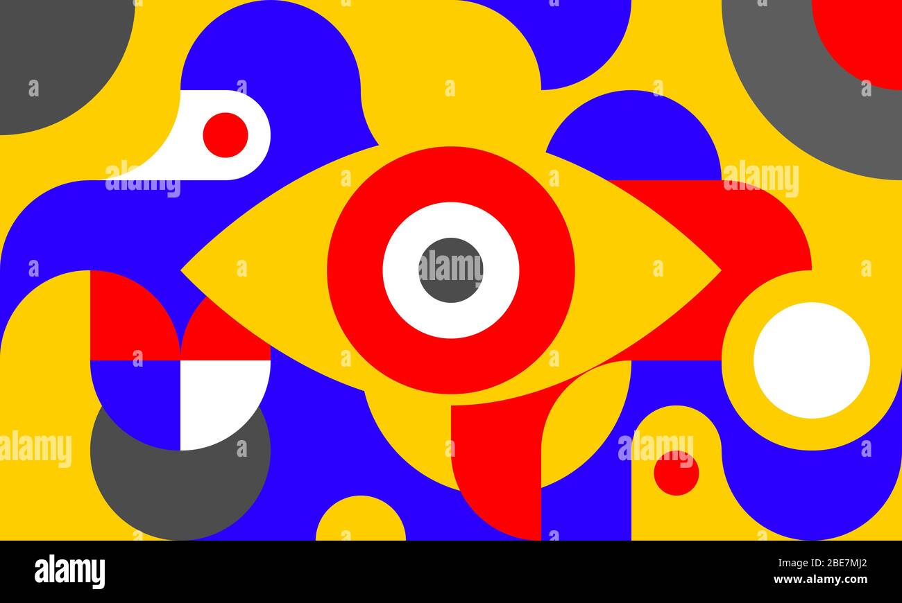 Funky Hintergrund im bauhaus-Stil mit Auge, Kurven und Kreisen, Retro-Poster mit geometrischen Formen im Stil der 80er Jahre, Mode Vektor minimal Muster. Stock Vektor