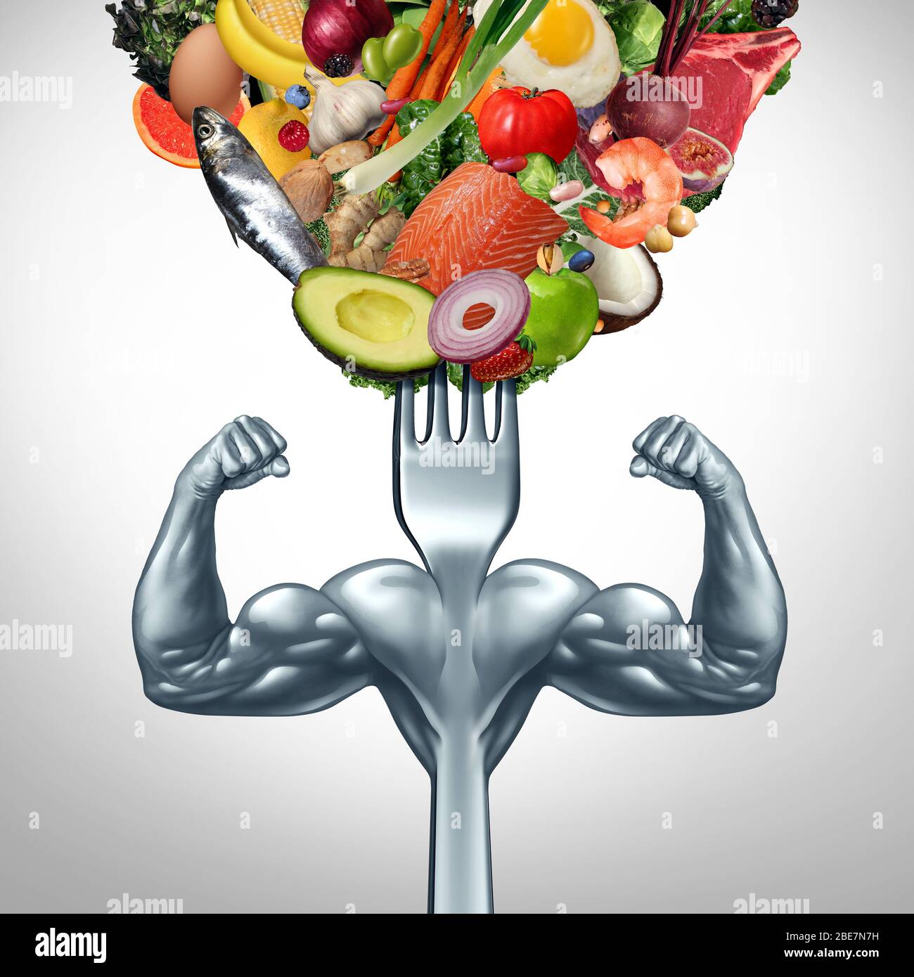 Kraftvolles Lebensmittel- und Power-Eating-Symbol für Krafttraining oder Workout mit Nahrungsergänzungsmittel als gesunder Fit-Lebensstil als Gabel. Stockfoto