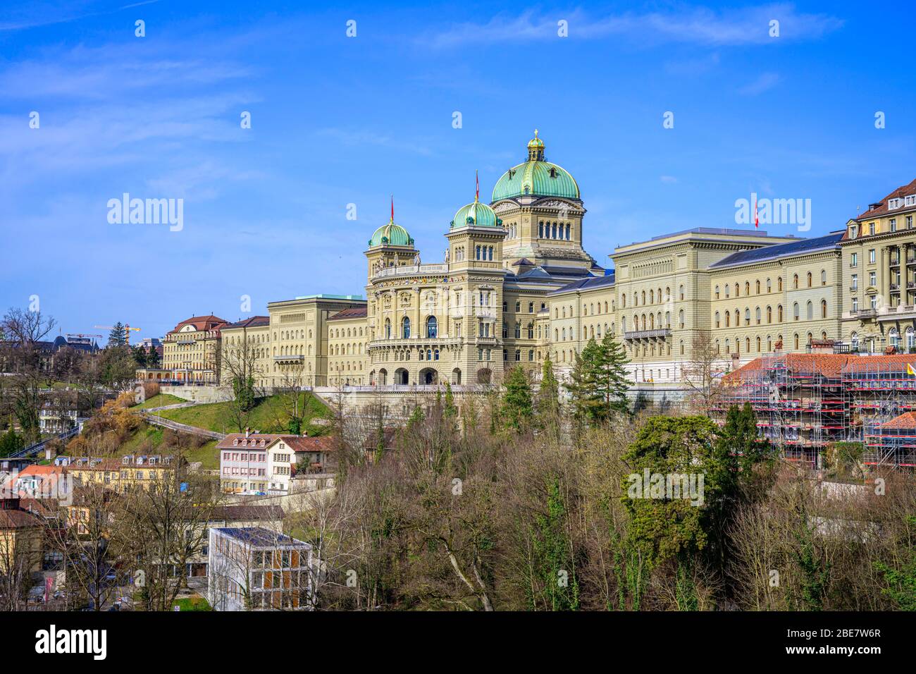 Blick von der Kirchenfeldbrücke auf das Bundeshaus, Parlamentsgebäude, Innenstadt, Bern, Kanton Bern, Schweiz Stockfoto