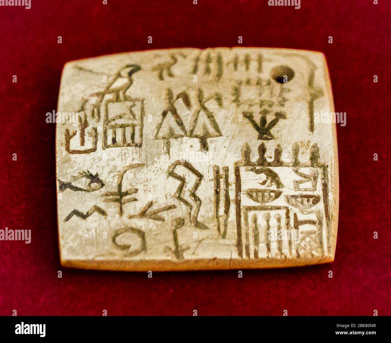Ägyptisches Museum, Etikett des Königs Djet, Dynastie 1. Es zeigt den Namen des Königs in einem Serekh, plus die Schreine von Unterägypten und Oberägypten. Stockfoto