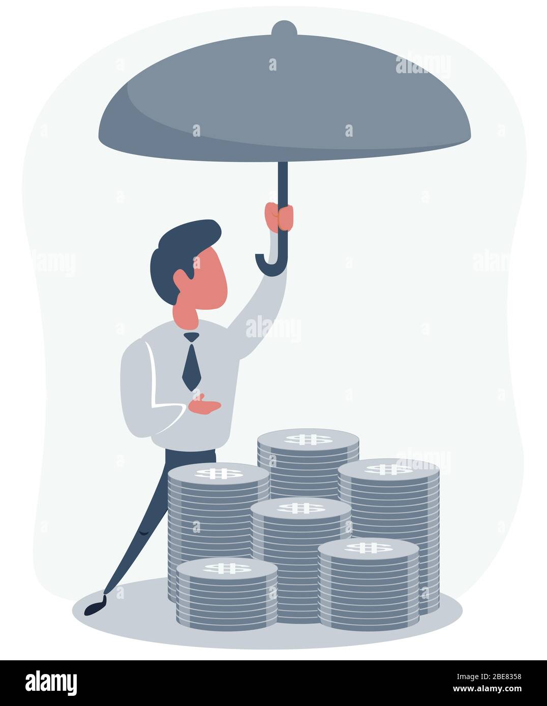 Konzept für den Schutz von Geld. Beutel mit Münzen unter einem Regenschirm. Sichere Investition, Versicherung. Schutz vor Einsparungen. Sicherheit bei der Finanzierung. Stock Vektor