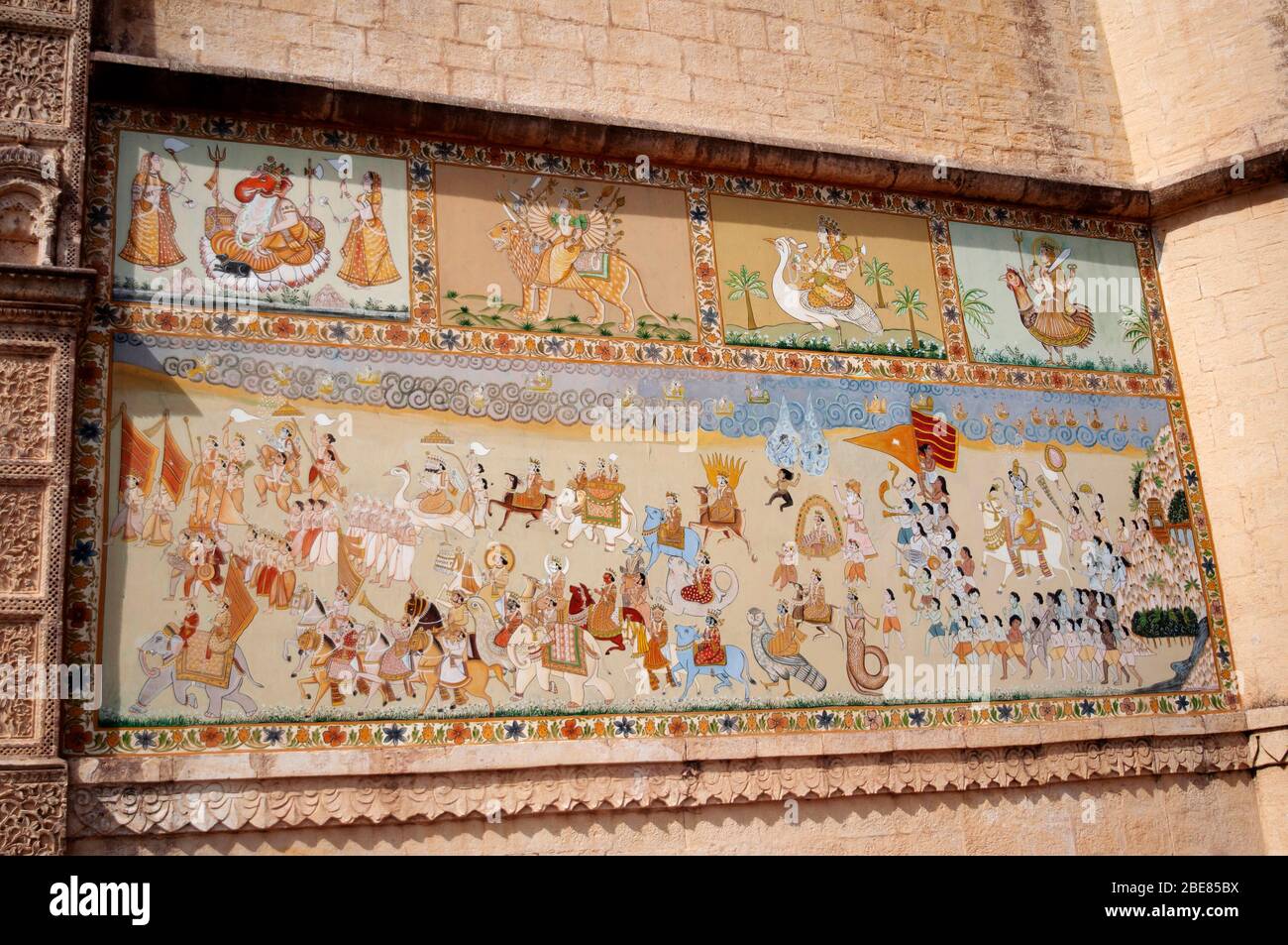 Wandmalerei am Jaypol Gate, Mehrangarh Fort, Jodhpur, Rajasthan, Indien Stockfoto