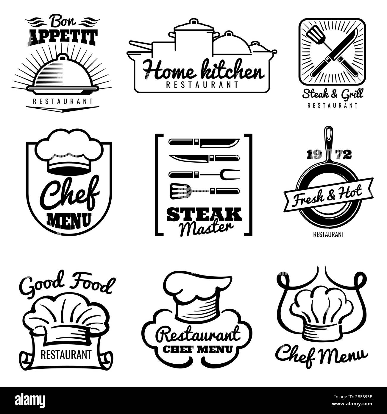 Restaurant Vektor Vintage-Logo. Retro-Labels des Küchenchefs. Kochen in der Küche Embleme. Label Küche, frisch und heiß Illustration Stock Vektor