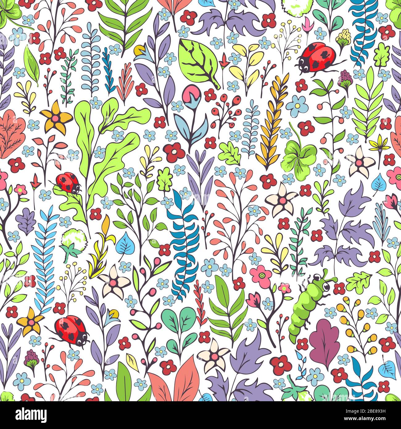 Bunte floral nahtlose Muster, Doodle Cartoon Blumen, natürlichen Hintergrund, Hand Zeichnung. Mehrfarbige Pflanzenzweige, Knospen, Blütenblätter und Blätter und Stock Vektor