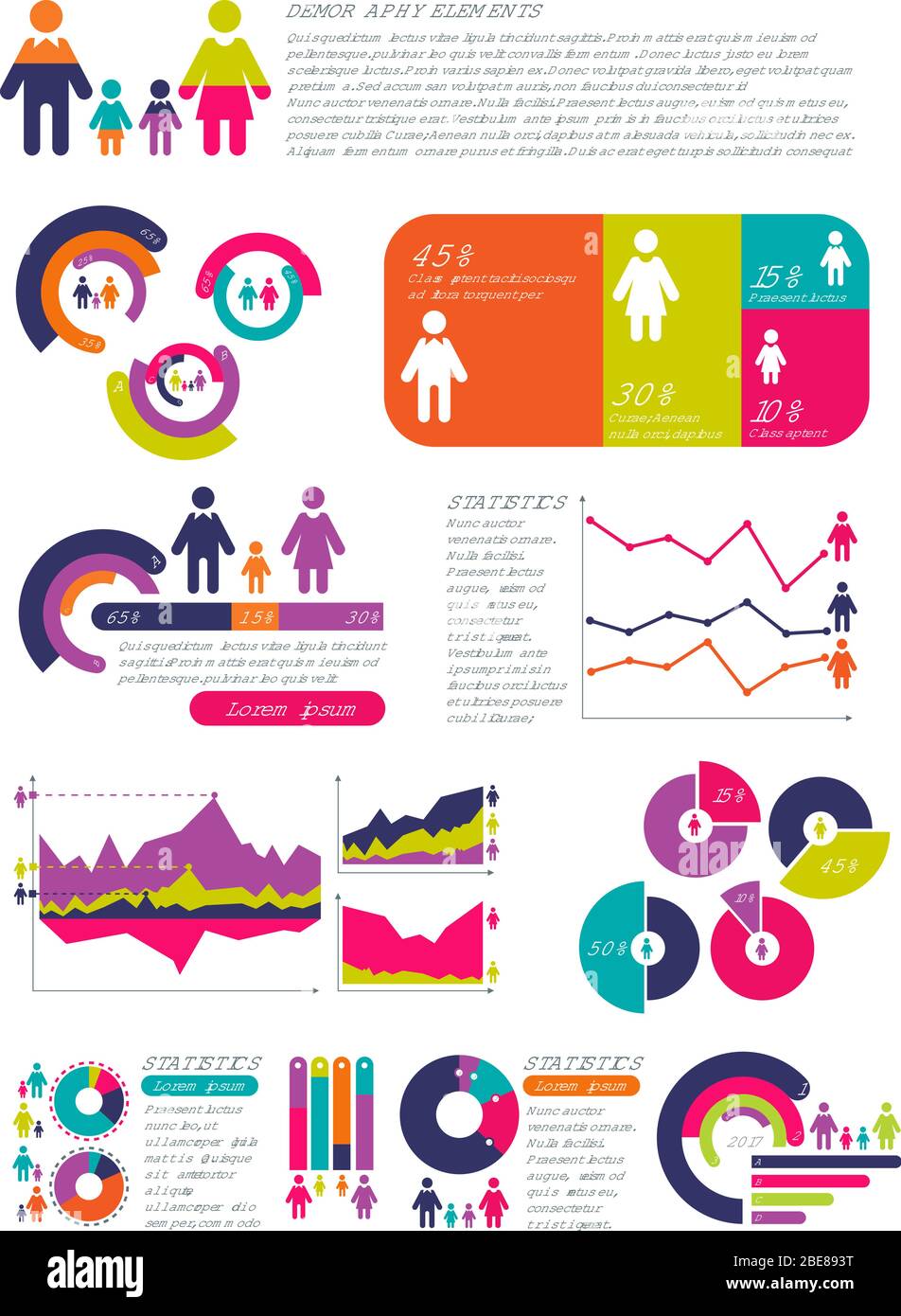 Menschen Bevölkerung Vektor-Infografiken mit Business-Charts, Diagramme und Mann Frau Symbole. Globales Wirtschaftskonzept. Darstellung der Personenpopulation und Demographie Stock Vektor
