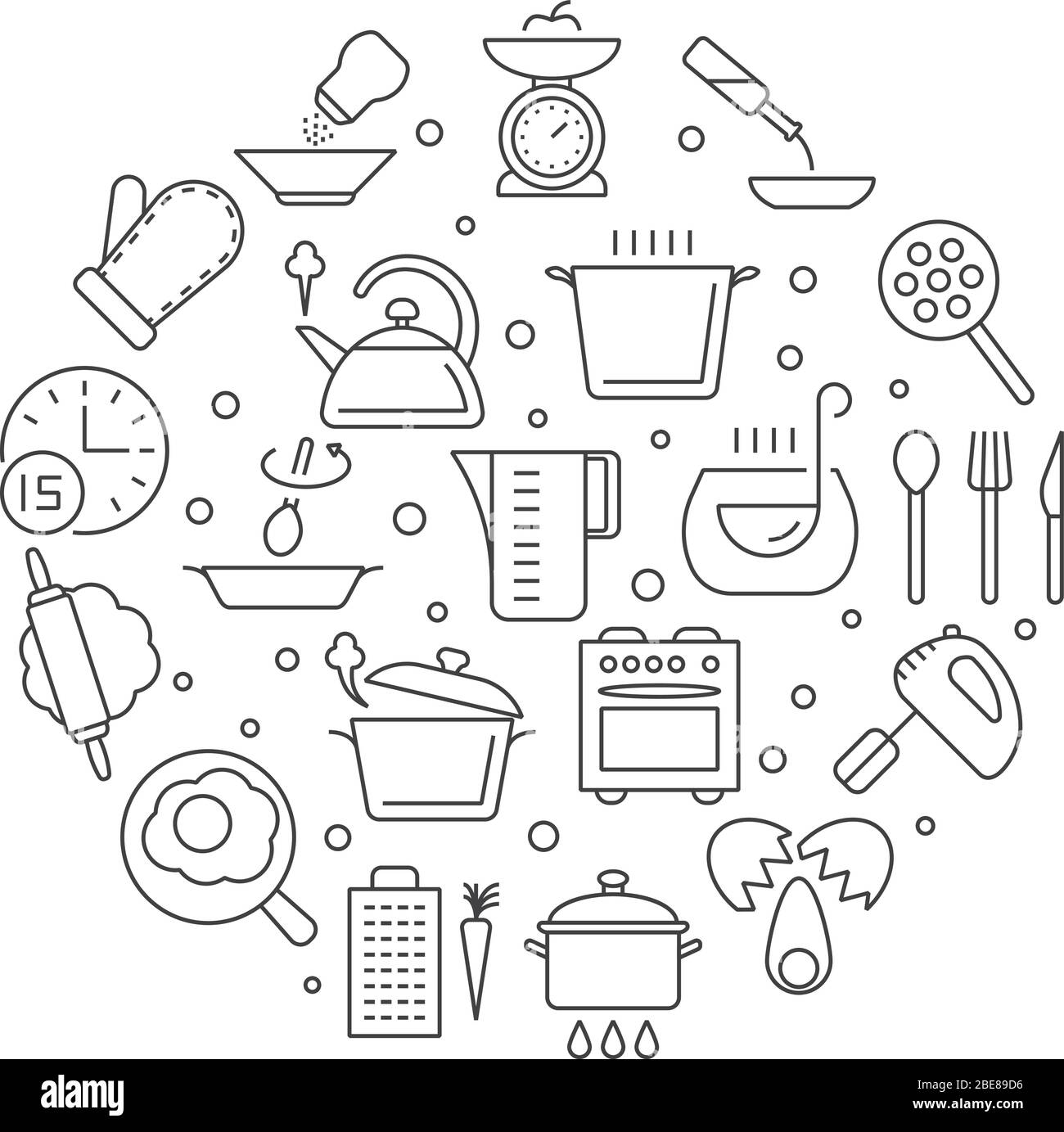 Kochen Lebensmittel und Küchenwerkzeuge dünne Linie Vektor-Symbole. Lineare Symbole, Skala und Braten von Ei, runde Form Küchenabzeichen mit Wasserkocher und Mixer Abbildung Stock Vektor
