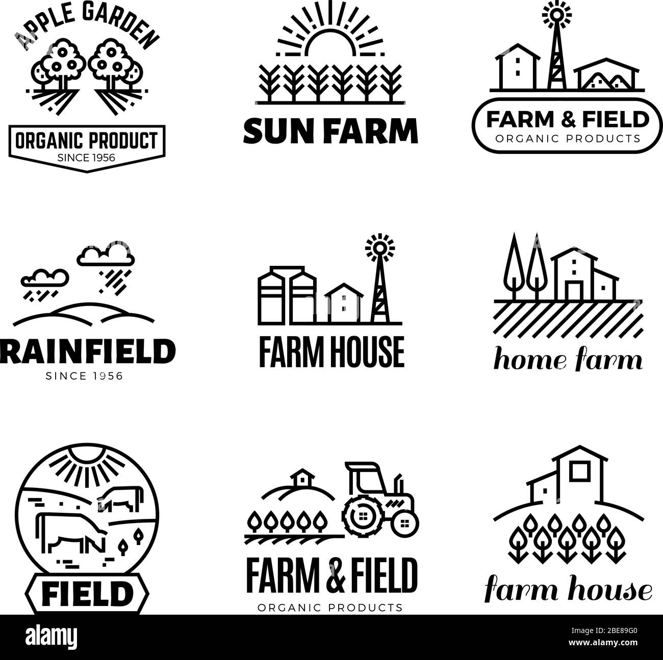 Retro Bauernhof und Bio-Produkte Vektor Embleme und Logos. Vintage Line Farming Etiketten. Emblem Bauernhaus, Apfelgarten Illustration Stock Vektor