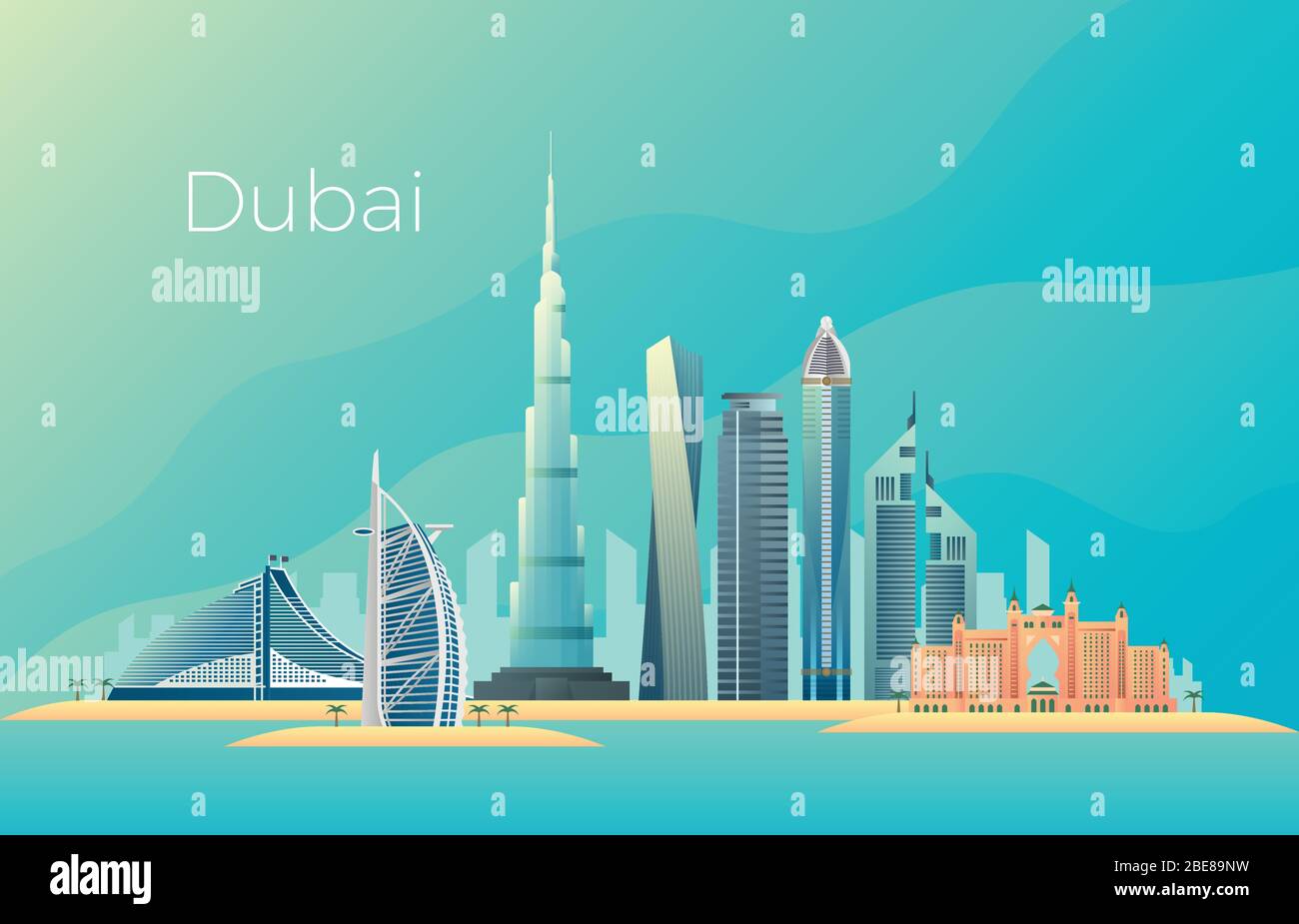 Dubai City Landschaft. Emirates Architektur Stadtbild Vektor Wahrzeichen. Stadtbild Wolkenkratzer emirates, Landschaft Skyline Turm Stadtgebäude Illustration Stock Vektor