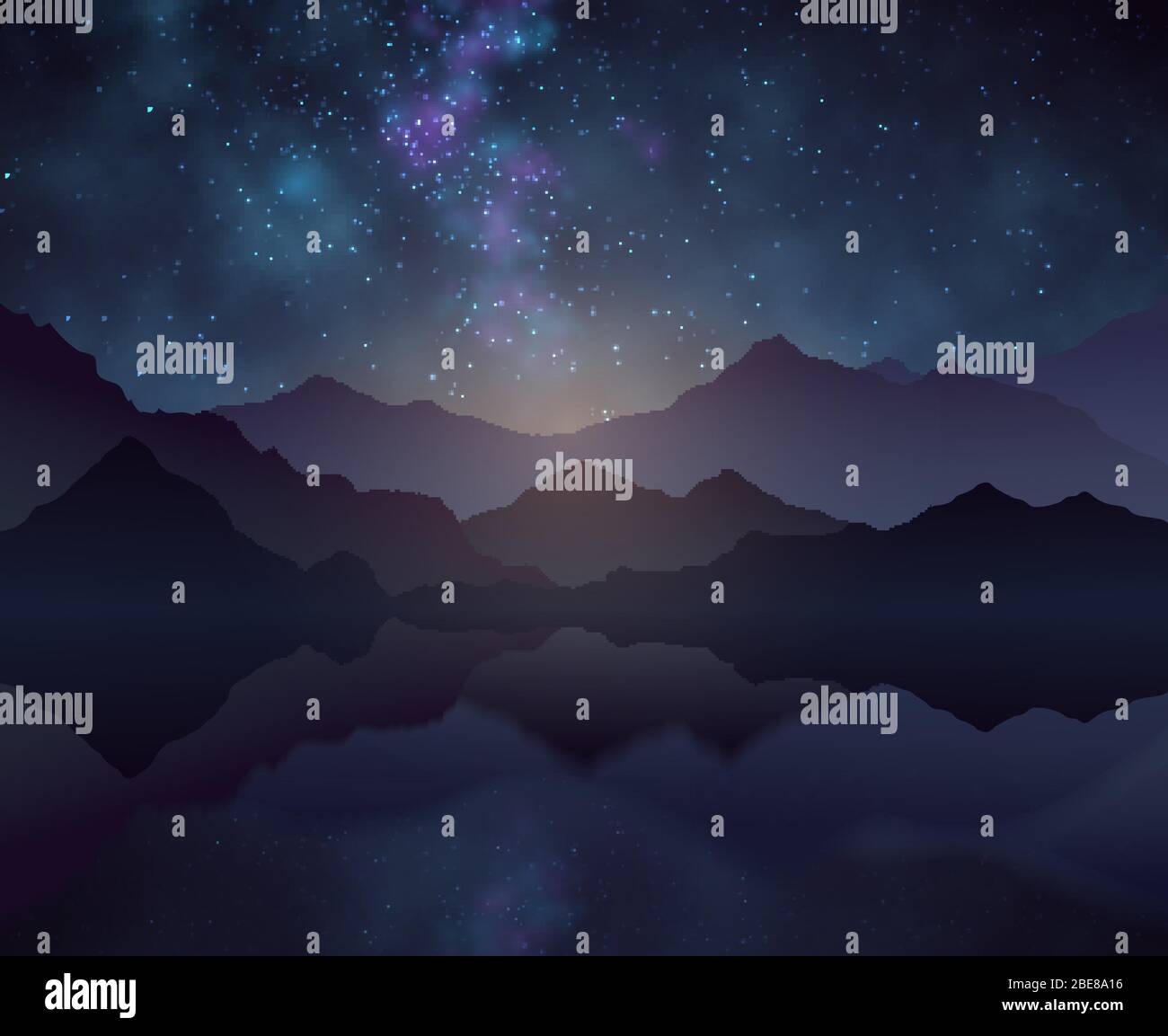 Natur Nacht Vektor Hintergrund mit Sternenhimmel, Berge und Wasseroberfläche. Landschaft und Berg mit Kosmos Sternenhimmel Illustration Stock Vektor
