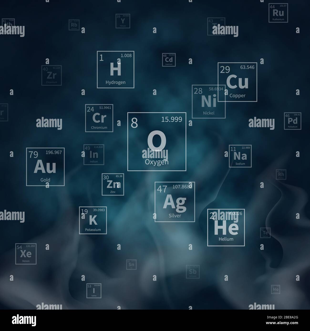 Wissenschaftlicher Vektor Hintergrund mit chemischen Elementen Symbole und weißen Rauch. Wissenschaftliche Chemie Molekulare atomare Helium und Kupfer, Sauerstoff und Wasserstoff, Gold und Silber Illustration Stock Vektor