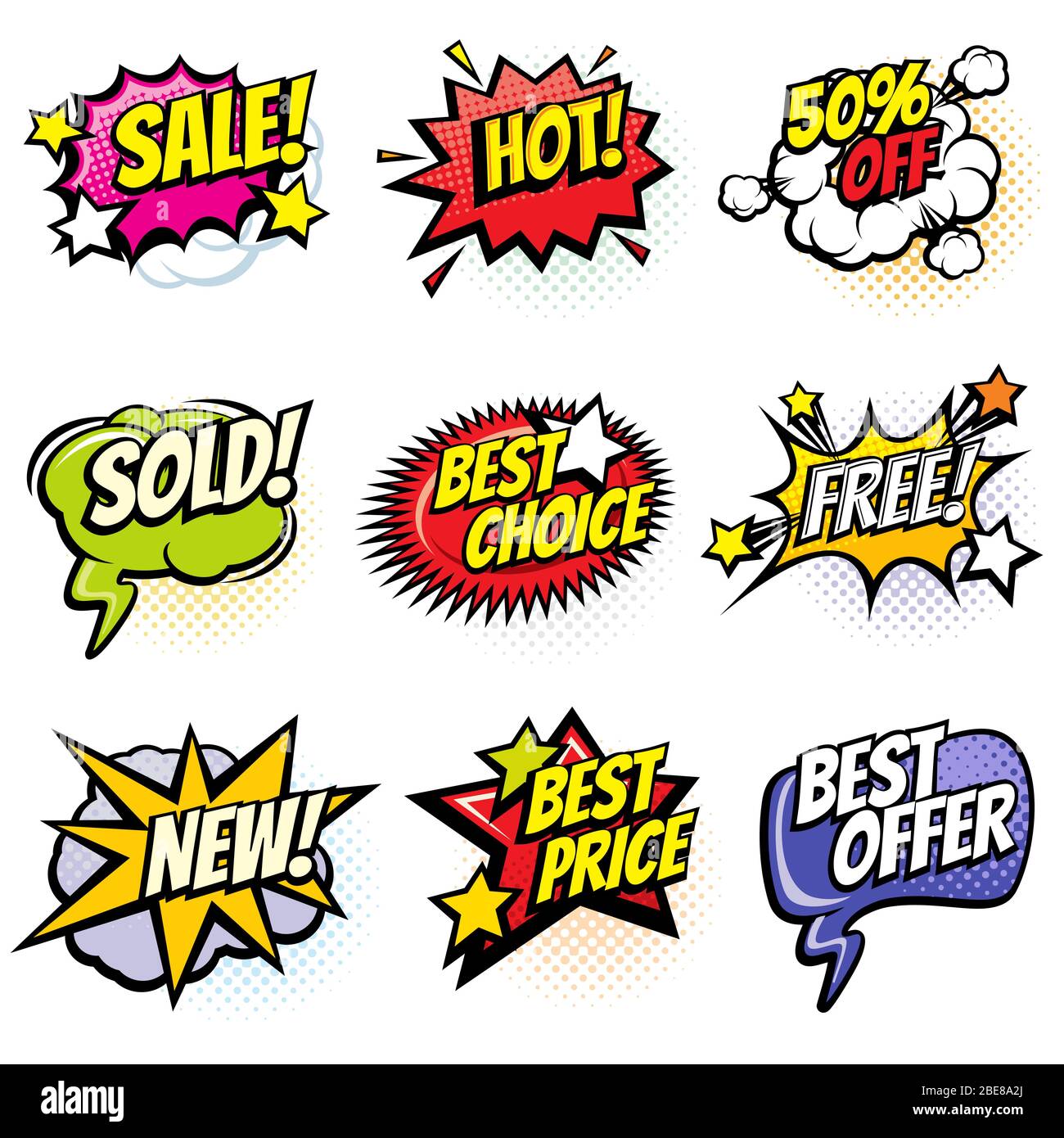 Comic-Sprechblasen mit Promo-Worten. Rabatt, Verkauf und Einkaufen Cartoon Banner Vektor-Set. Rabatt-Etikett und Best Offer Illustration Stock Vektor