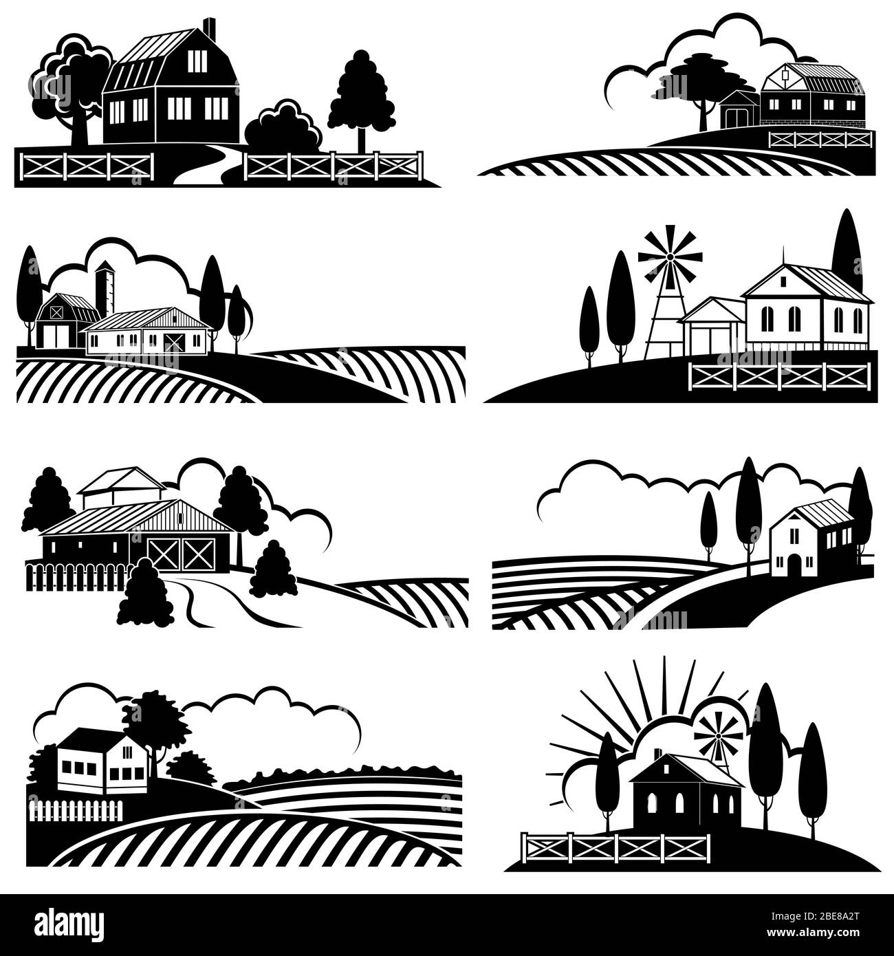 Vintage Landschaft mit Bauernhof Szene. Vektorhintergründe im Holzschnitt-Stil. Landschaft Vintage Bauernhof, Landschaft Szene Illustration Stock Vektor