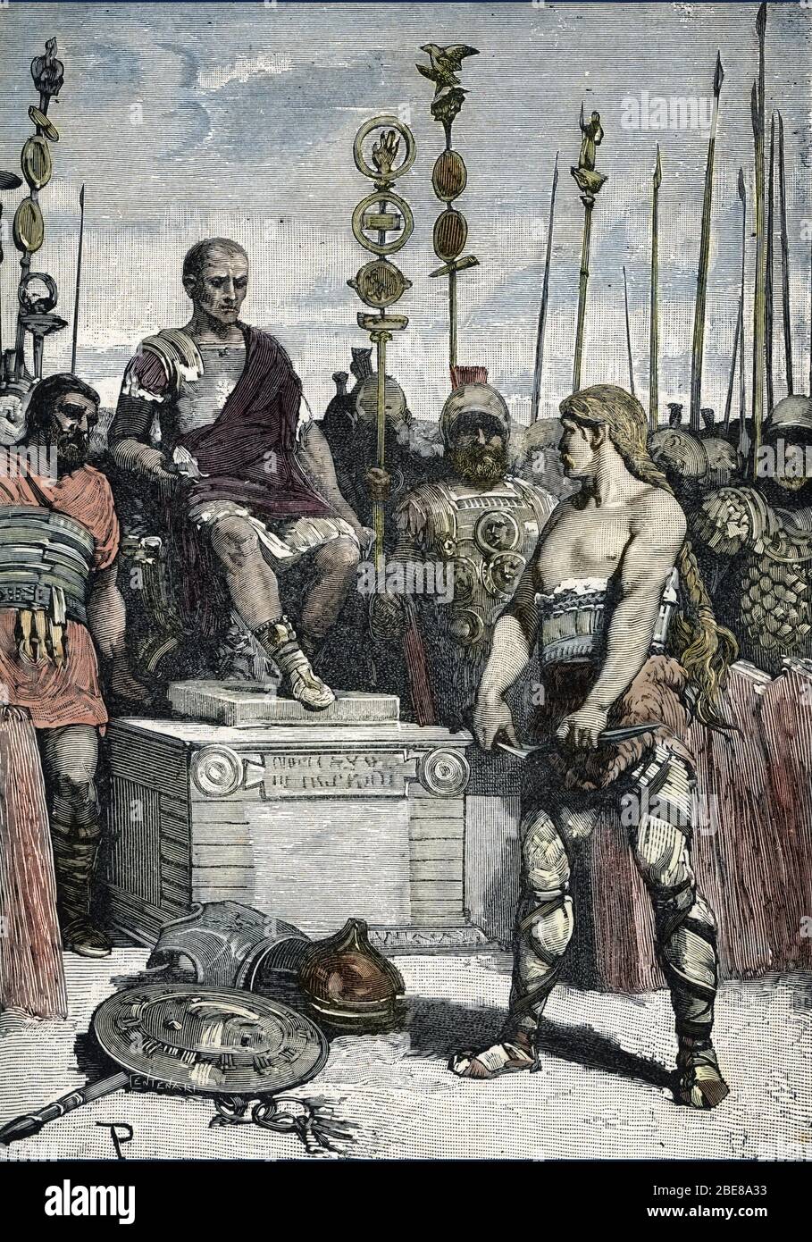 'Le Chef gaulois Vercingetorix (80-46 AV JC) se rendant a Jules Cesar (100-44 AV JC) A Alesia en 52 AV JC - Vercingetorix (72-46 v. Chr.) Gallic Leader, so Stockfoto