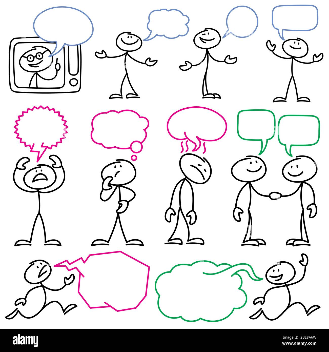Vektor-Skizze Stick Figuren mit leeren Dialog Blasen. Stick Mann Figur und Sprechblase Kommunikation Illustration Stock Vektor