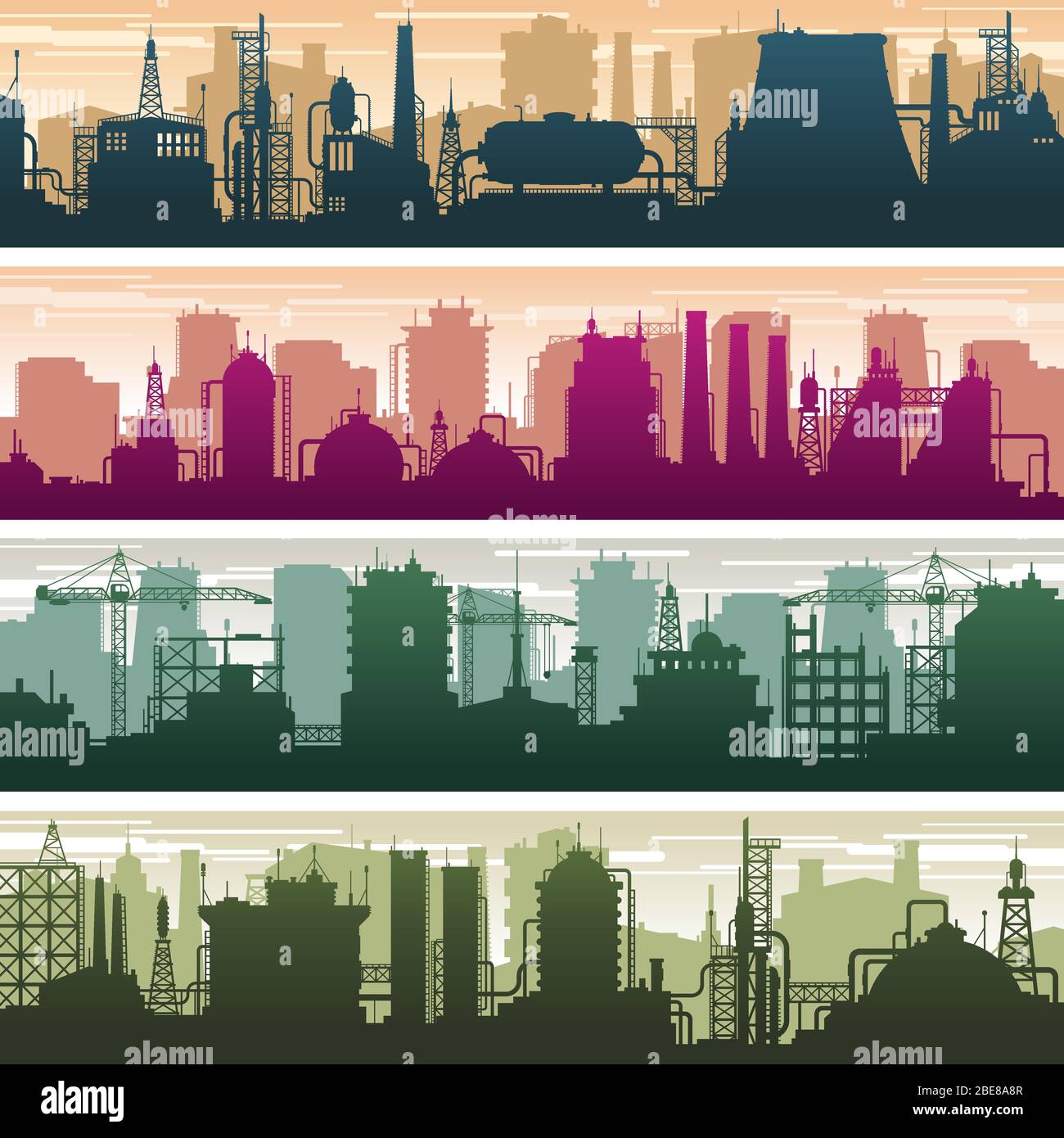 Modernes Gebäude von Gas-und Ölstation, Kraftwerk und Fabrik Silhouetten. Vektorsatz für Branchenlandschaften. Fabrikkraftwerk, Industrie Werk Station Illustration Stock Vektor