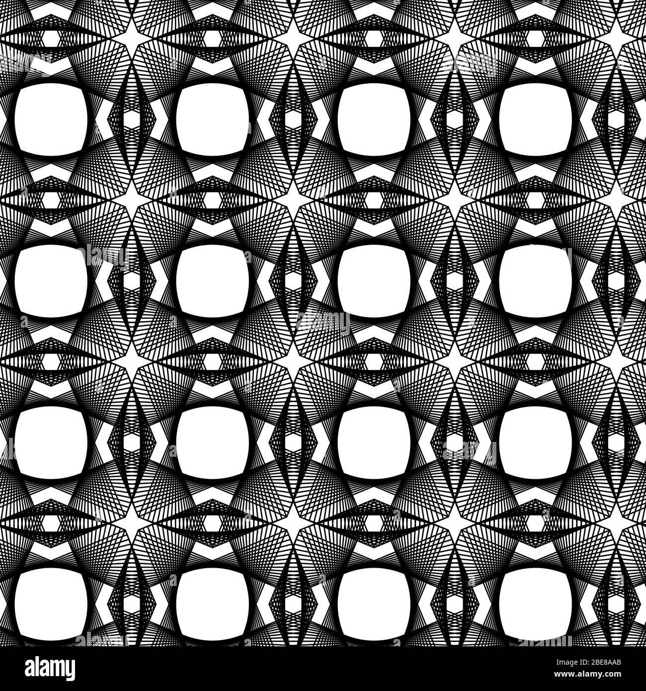 Schwarz-weißer Hintergrund mit dünnen Linien, Gitter und runden Formen. Guilloche Vektor nahtlose Muster. Stock Vektor