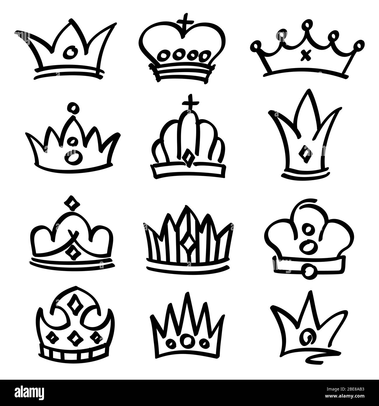 Vektor Hand gezeichnet Prinzessin Kronen. Skizze Doodle Royalty Symbole. Königliche Skizze Krone, Königin und König modische Illustration Stock Vektor
