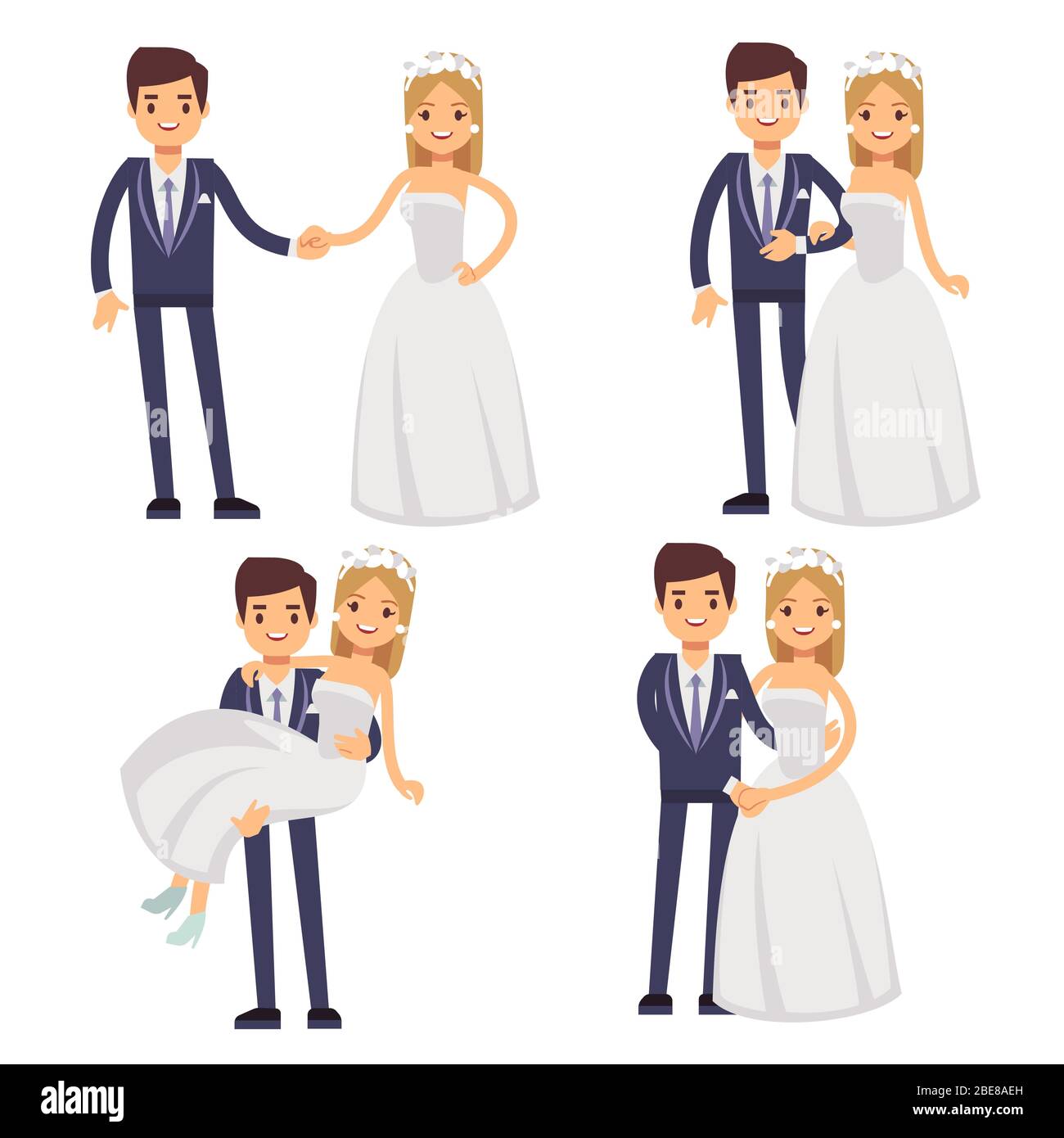 Cartoon Hochzeit Paar. Nur verheiratet Vektorfiguren. Bräutigam und Braut lieben Zweisamkeit und Glück Illustration Stock Vektor
