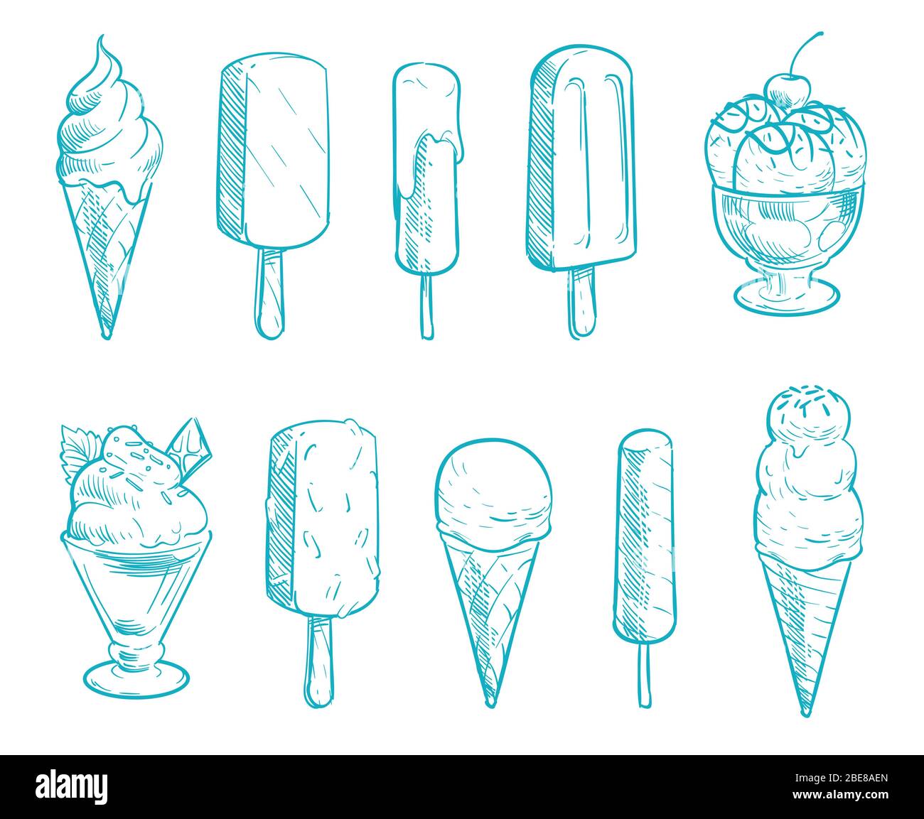 Doodle Eis Kegel Vektor-Set. Handgezeichnete Cartoon Eis. Sommer Lebensmittel Cartoon, Dessert Eis-Kegel Illustration Stock Vektor