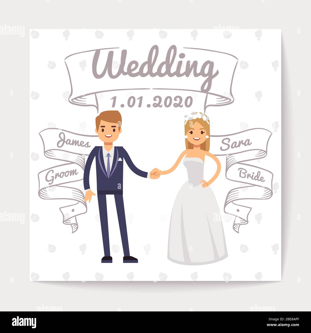 Hochzeit Einladungskarte mit gerade verheirateten jungen Paar und ihnen Namen auf Hand gezeichnete Bänder Vektor-Vorlage. Hochzeit Einladung Paar Frau und Mann Illustration Stock Vektor