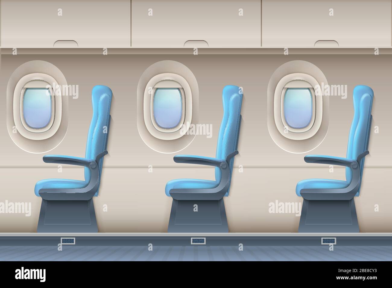 Innenraum des Passagierflugzeugs. Flugzeug innen mit bequemen Stühlen und Bullaugen. Innenraum von Flugzeugen und Flugzeug Illustration Stock Vektor