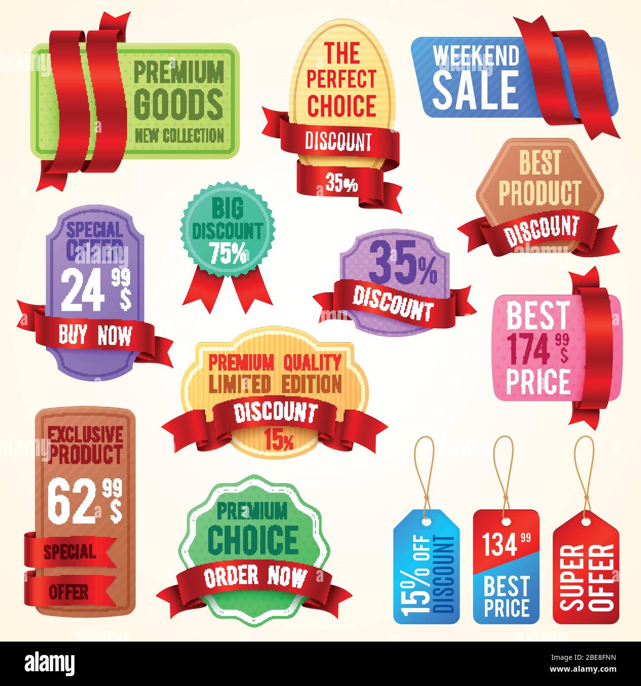 Sale und Rabatt Preisschilder, Ribbon Banner mit Promo-Text. Promotion Abzeichen Vektor Set besten Preis und exklusives Produkt, Sonderangebot Etikett Illustration Stock Vektor