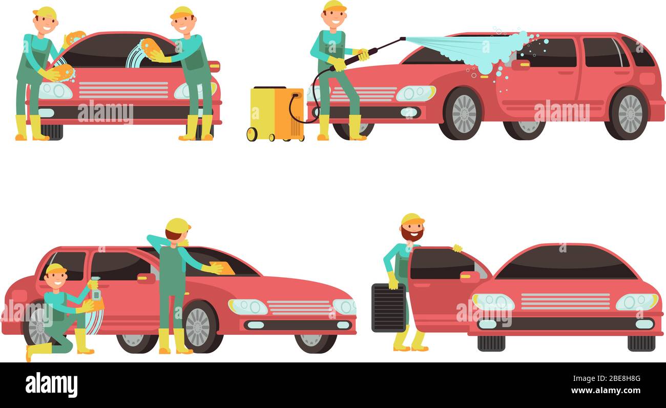 Waschen Auto Dienstleistungen Vektor-Konzepte mit Autos und Reinigungsmitteln. Sauberer Waschwagen mit Schaum und Seife Illustration Stock Vektor