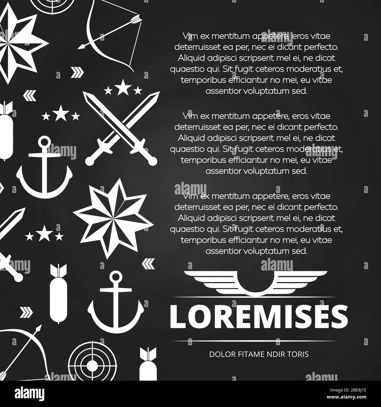 Tafel Poster Design mit Schwertern, Anker, Pfeil für Armee oder Marine. Vektorgrafik Stock Vektor