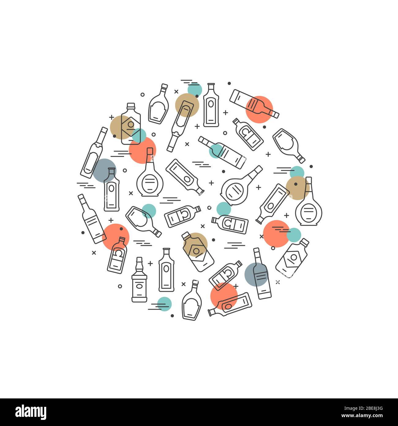 Alcoholic Circle Concept - Alcoflaschen Symbole auf weißem Hintergrund. Vektorgrafik Stock Vektor
