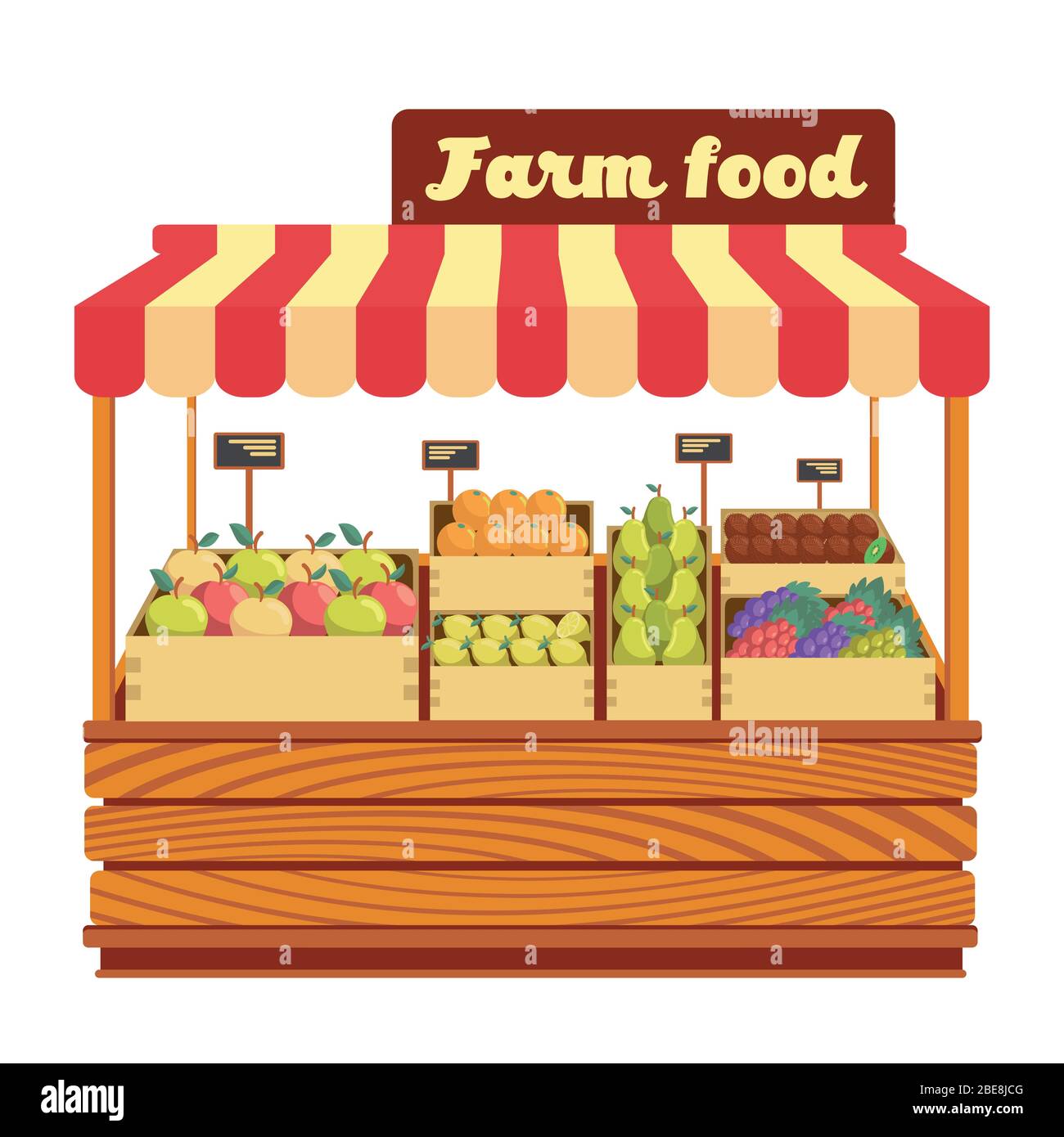 Markt Holzstand mit landwirtschaftlichen Lebensmitteln und Gemüse in Box Vektor-Illustration. Holzmarkt Stand mit frischen Bio-Früchten Stock Vektor