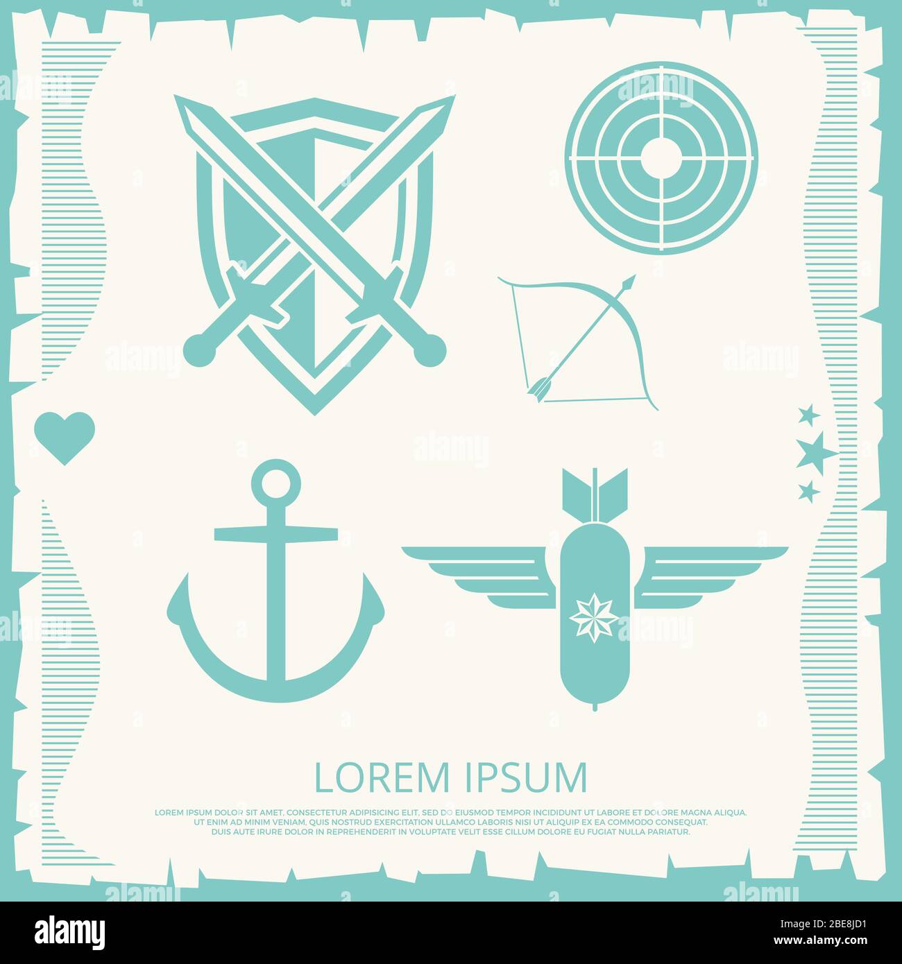 Einheit Armee und Marine Elemente - Anker, Schwerter, Pfeil, Bombe. Vektorgrafik Stock Vektor